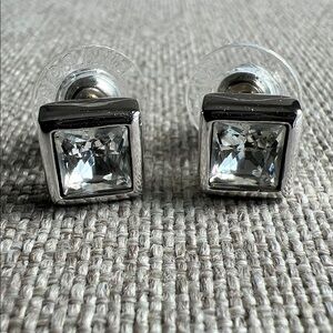 Swarovski | Vintage Crystal Emerald Cut Silver Tone Casing Pierced Earrings